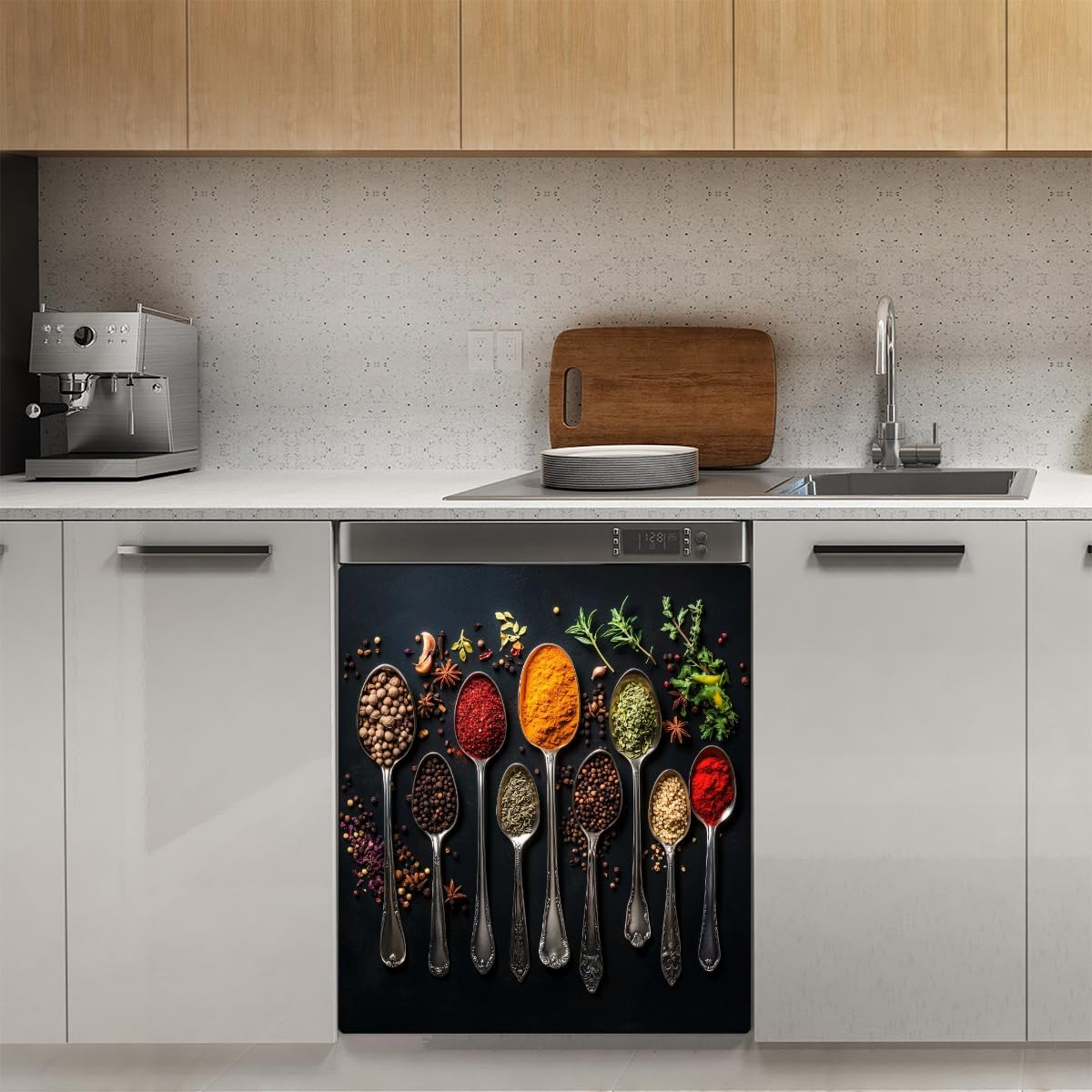 Spices Herbs Spoons Dishwasher Magnet Cover Decorative Refrigerator Covers Magnetic Reusable Dishwasher Door Cover Kitchen Appliance Sticker Cover 23x26Inch