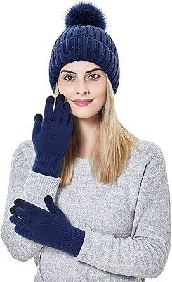 BCDlily Women Winter Beanie Hat Gloves Set Warm Pom Pom Skull Caps with Knit Mitten Mitts (Navy)