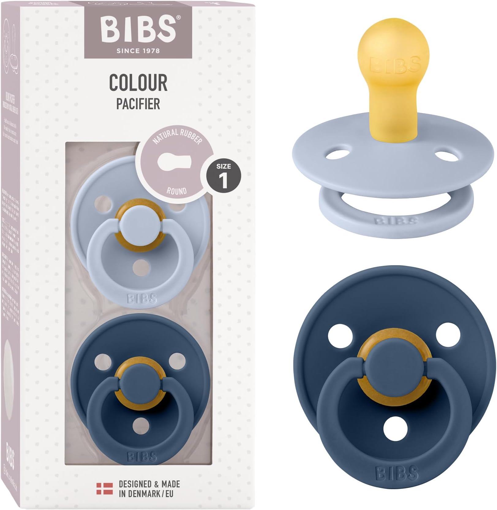 Colour Soother 2-Pack, BPA Free Dummy Pacifier, Round Nipple. Natural Rubber Latex, Made in Denmark. 0-6 Months (Pack of 2), Dusty Blue/Steel Blue