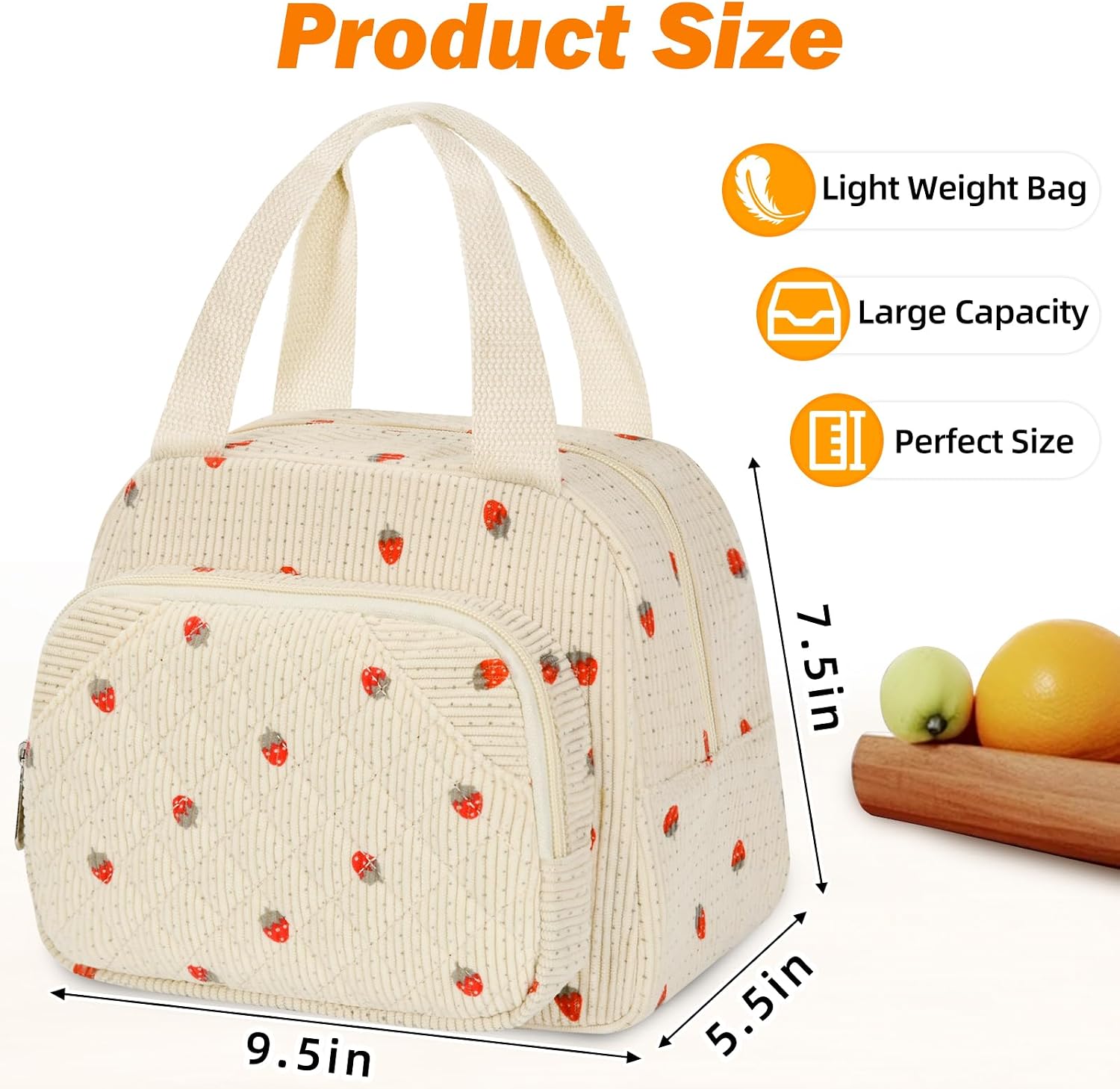 Lunch Bag for Women Men Adults, Cooler Lunch Tote Bag- Corduroy strawberry image 5