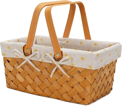 Cesta de picnic de madera con asas plegables dobles, huevos de Pascua tejidos a mano y cesta de dulces, cesta de almacenamiento de mimbre de juguete