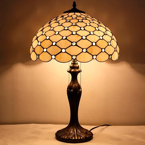 Miniatura 5 de WERFACTORY Tiffany - Lámpara de mesa de cristal de 16 x 16 x 24 pulgadas, lámpara de lectura con cuentas de perlas de color crema, luz de lectura de