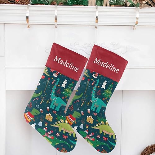 Miniatura 5 de NZOOHY Calcetín de Navidad de dinosaurio, calcetines colgantes para chimenea con nombre, decoración de fiesta familiar
