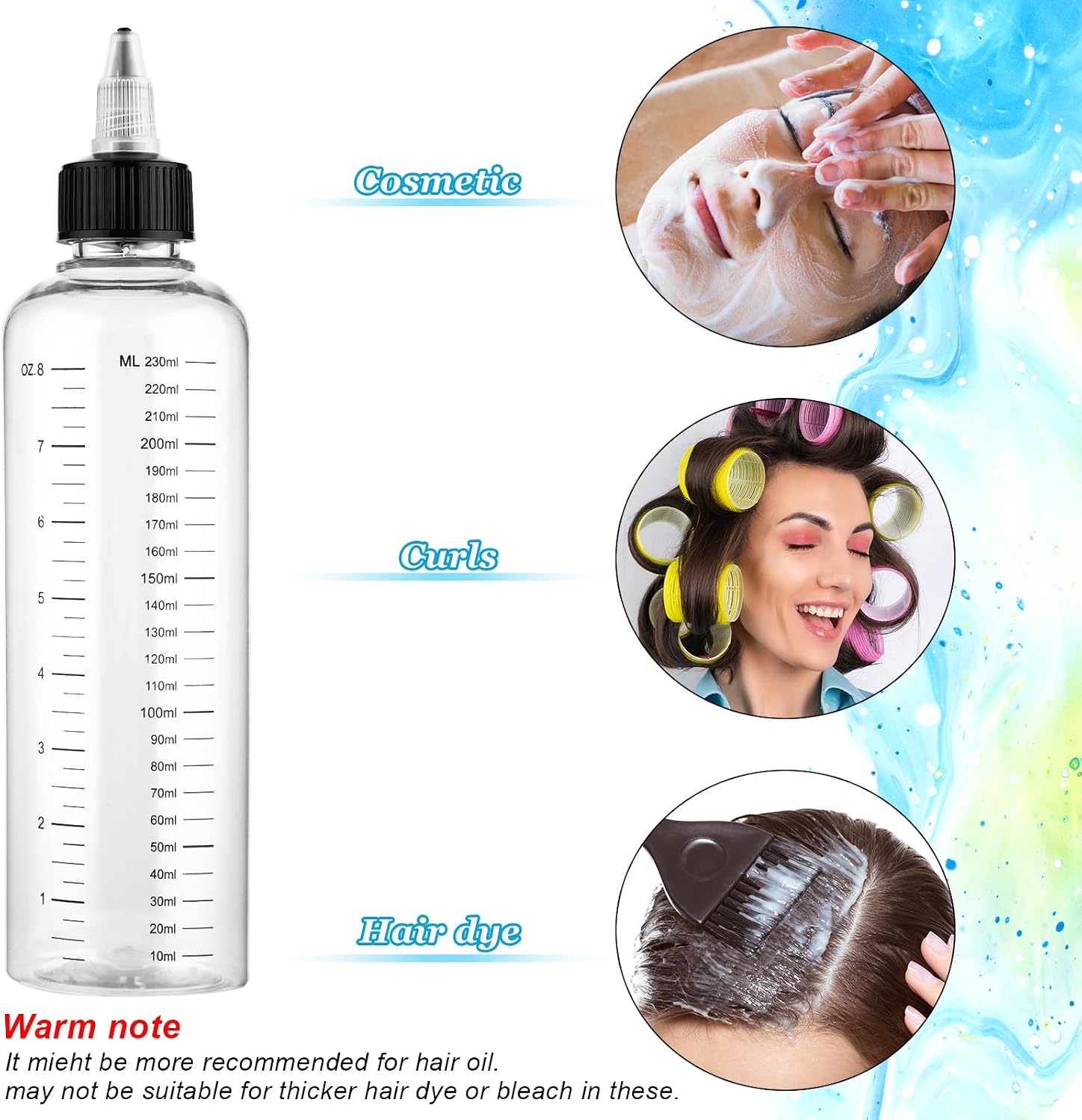 COMNICO 2 Pack Applicator Bottle for Hair 8.5oz Soft Squeeze Empty Oil Dispenser Hair Color Applicator Root Hair Dye PET Plastic Refillable Bottles for Salon Sylist with Graduated Scale and Twist Top