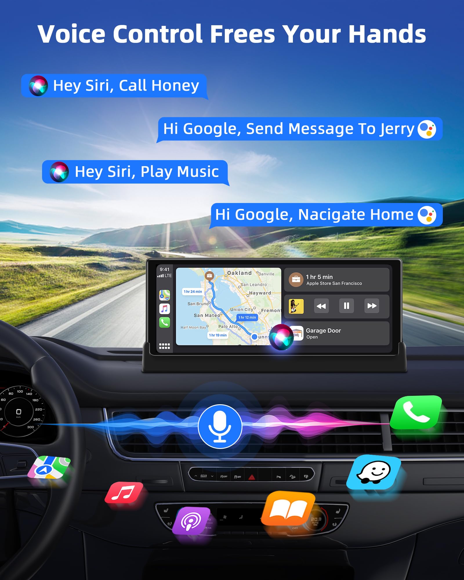 Jansite Pantalla Carplay Cocho Android Auto con Soporte Personalizado 10,26 Pulg Navegador GPS Coche Pantalla Carplay con Bluetooth Siri/GOO-gle