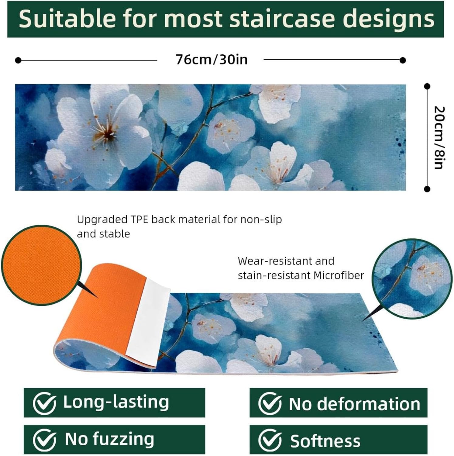 Stair Treads Non Slip Stair Runners for Wooden Steps Indoor, 15PCS 8"x30" White Flowers Carpet Treads for Wood Stairs Staircase Step Treads for Kids & Dogs, Stair Covers