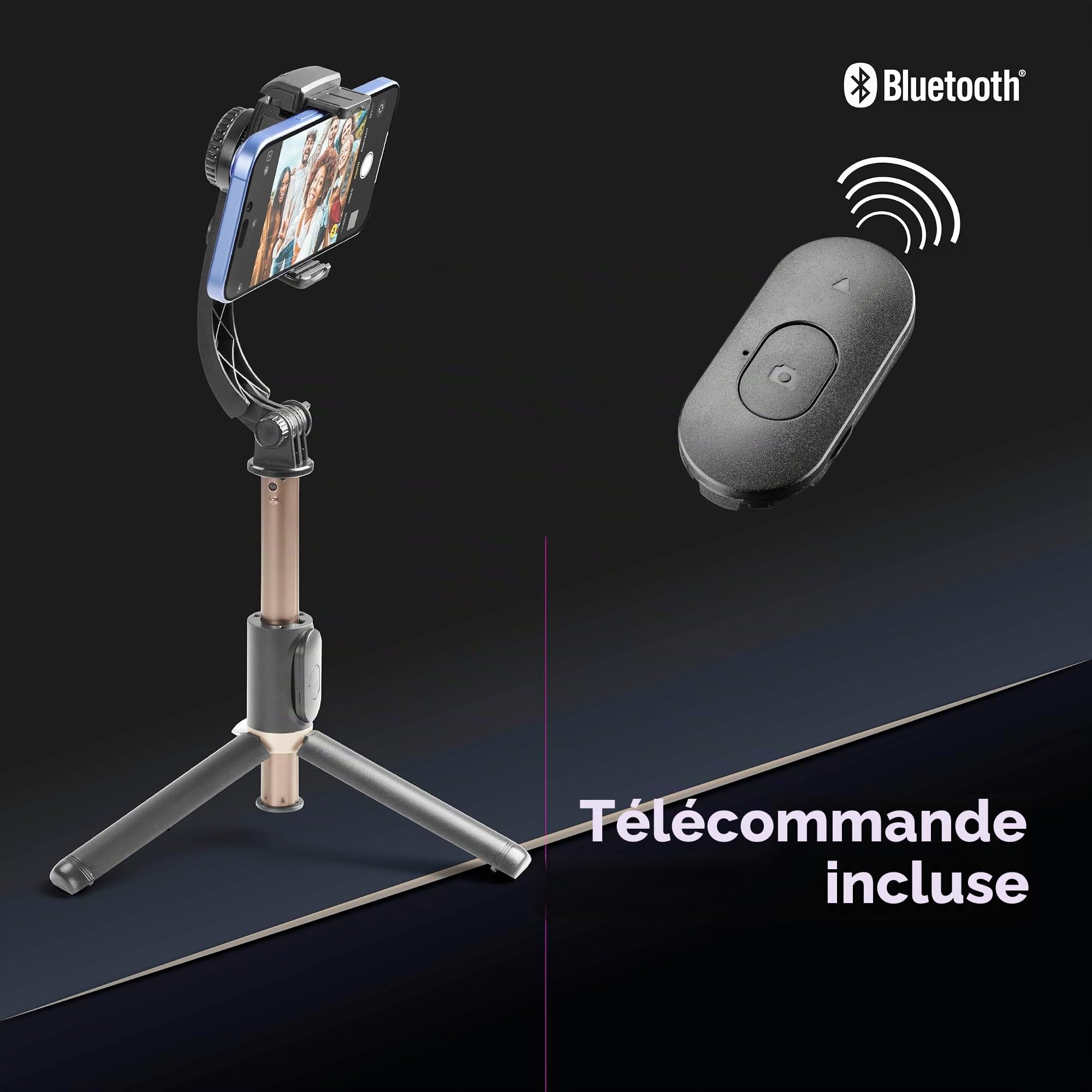 Cellularline FREEMOTION Gimbal 3 en 1 avec stabilisateur Intelligent Anti-Vibrations, Perche Selfie, trépied, télécommande Bluetooth, Aluminium, Prises Verticales et Horizontales, Noir