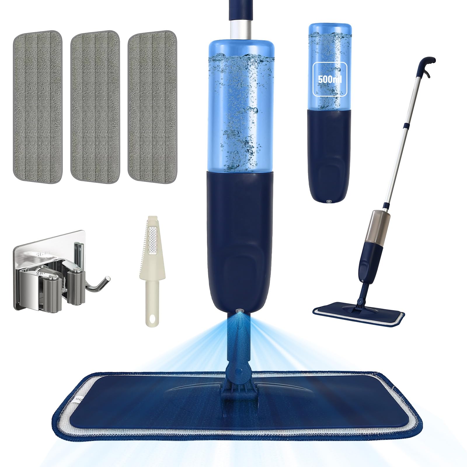 Mop z rozpylaczem, Mikrofibrowy mop z rozpylaczem z pojemnikiem do domu, kuchni, podłóg drewnianych, laminowanych, ceramicznych (Niebieski - 500 ML - 3 Podkładki)