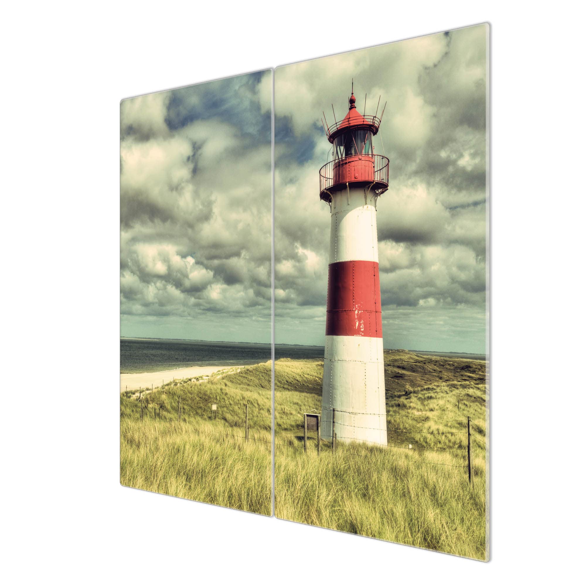 banjado Herdabdeckung Ceranfeld 2-teilig 60x52 cm, Schneidebrett Herd und Spritzschutz Küche aus gehärtetem Glas, maritime rutschfeste Kochfeld Abdeckung Leuchtturm mit Motiv Leuchtturm Sylt
