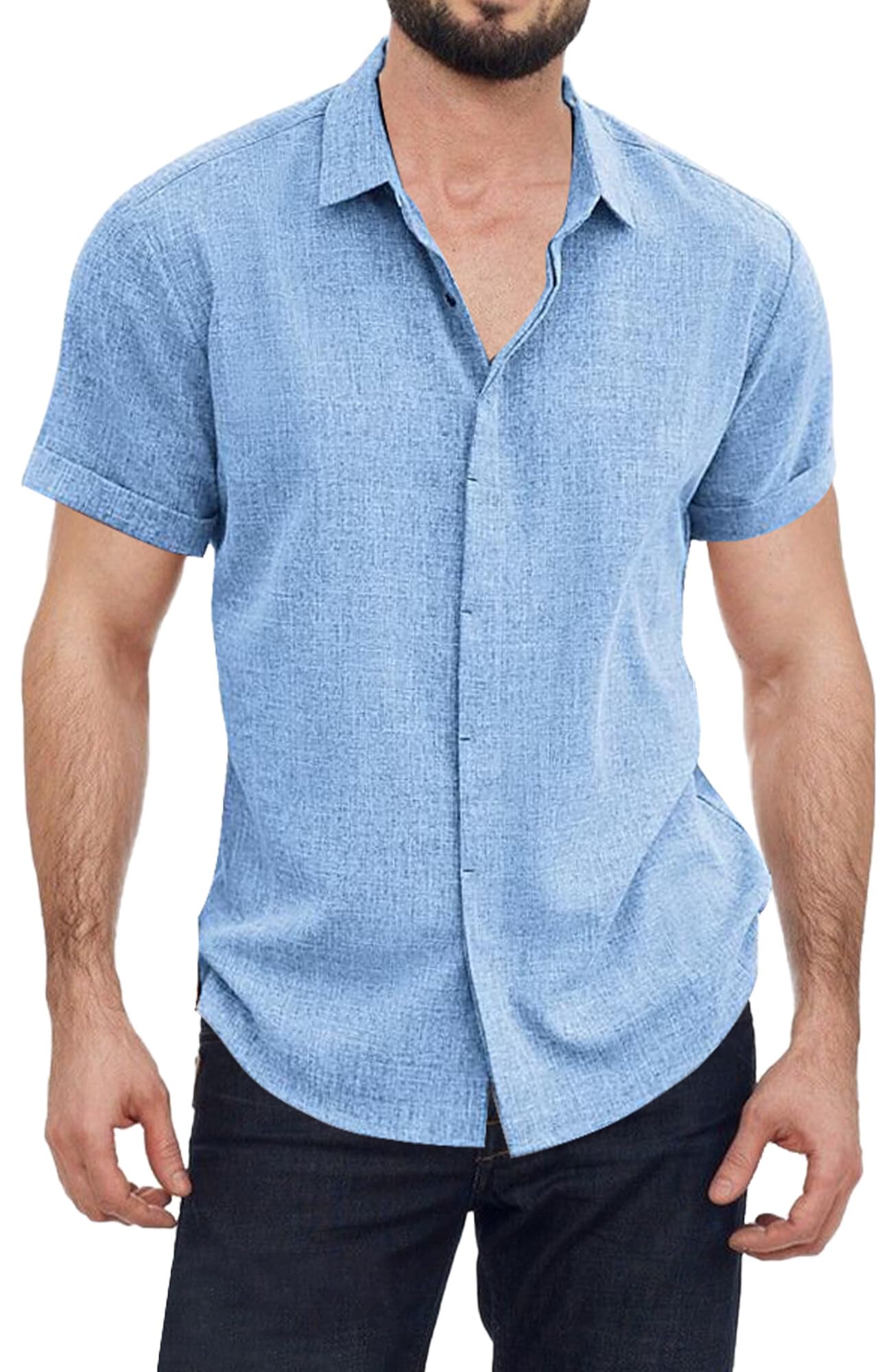 AIEOE Camisas Hombre Manga Corta Camisa con Botones Top Hombre Camisa Verano Hombre Lino Clásico Color Sólido Camisa con Bolsillo