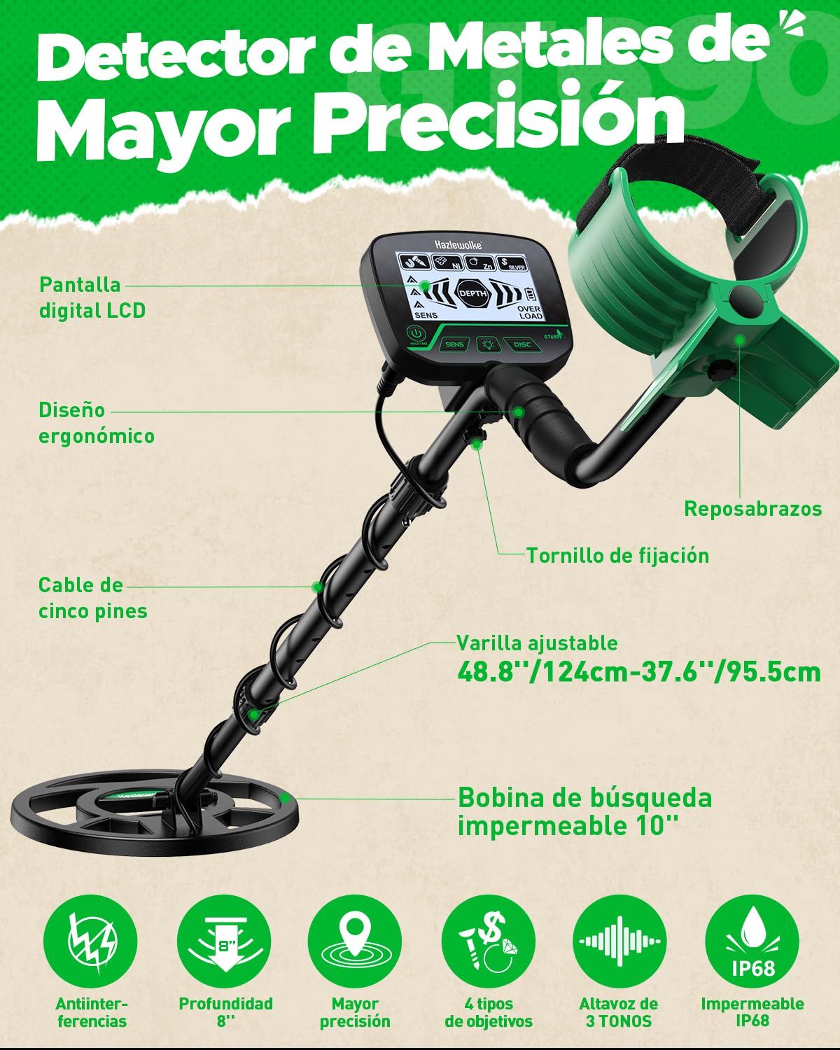 Detector de Metales para Adultos y Niños,Alta Precisión 10” Sumergible Bobina con Modos Todos los Metales y Disc, Niños y Principiantes Detector Metales de Oro, Jóvenes y Adolescentes