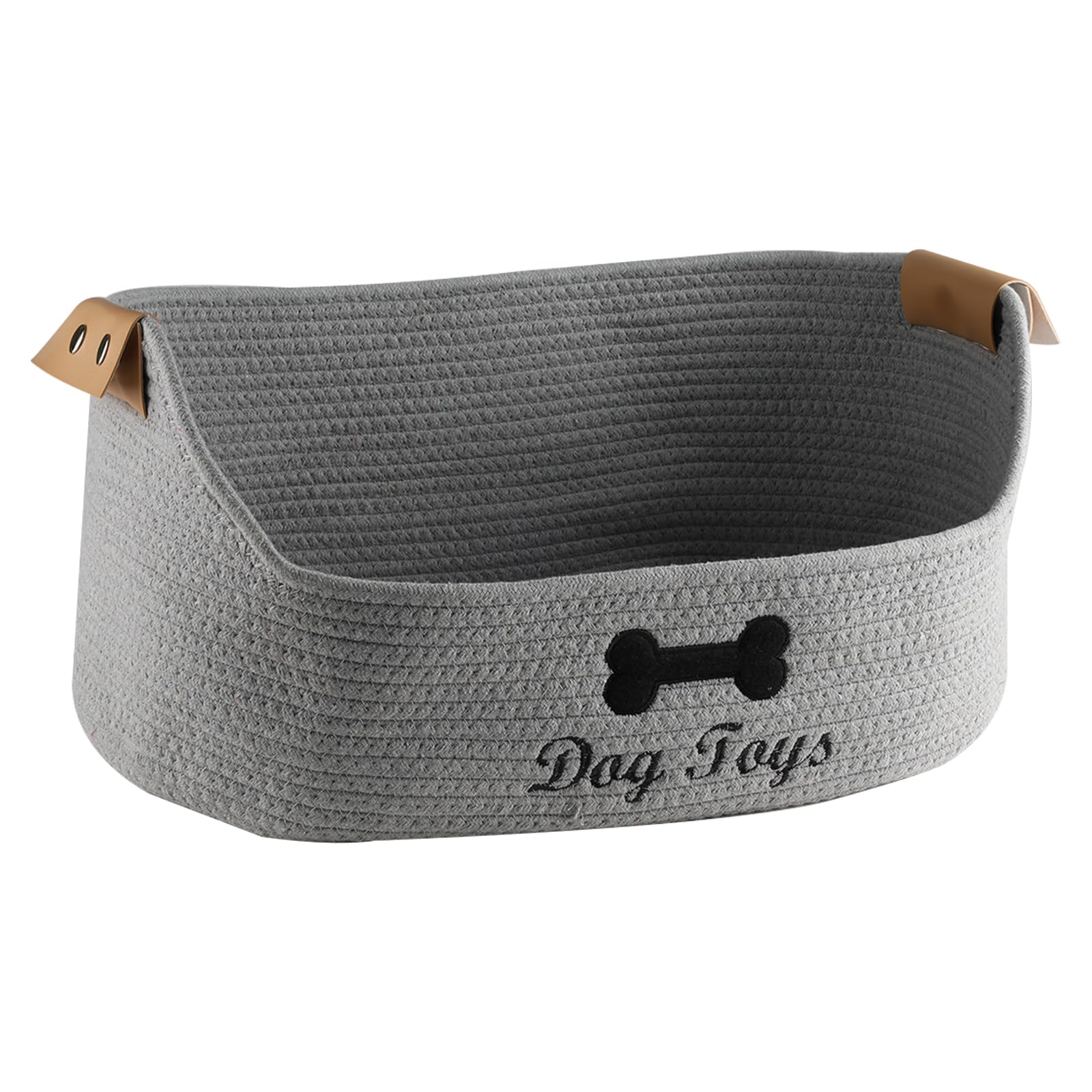 Ctomche Woven Dog Toy Baskets, Large Dog Toy Storage Box, Rope Basket for Puppy Toys, Collapsible Pet Stuff Storage Bin with Leather Handles, Cotton Storgae Box for Pet Food, Leashes, Blanket-Grey