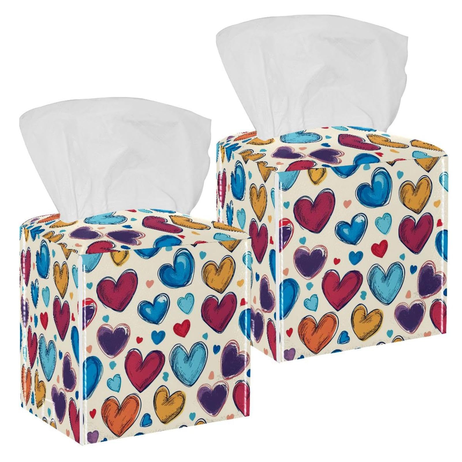 Heart of Love Tissue Box Cover, 2 Pack PU Leather Square Facial Tissue Dispenser Box holder for Home Office Car