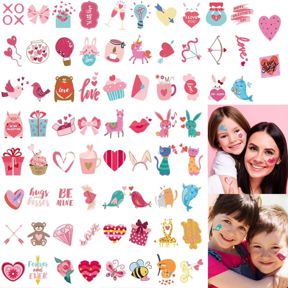 144 Pcs Valentines Day Temporary Tattoos, Assorted Valentine's Day Cute Designs Tattoos Stickers for Kids Adult, Valentine Romantic Fake Tattoos for Party Favor Supplies, Exchange Gifts, School Prizes