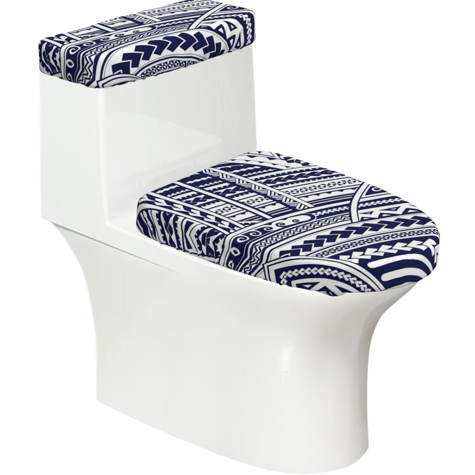 Blue Polynesian Maori Tribal Pattern Printed Toilet Tank and Lid Cover Set of 2 for Most Bathrooms, Fits Elongated Round Toilets