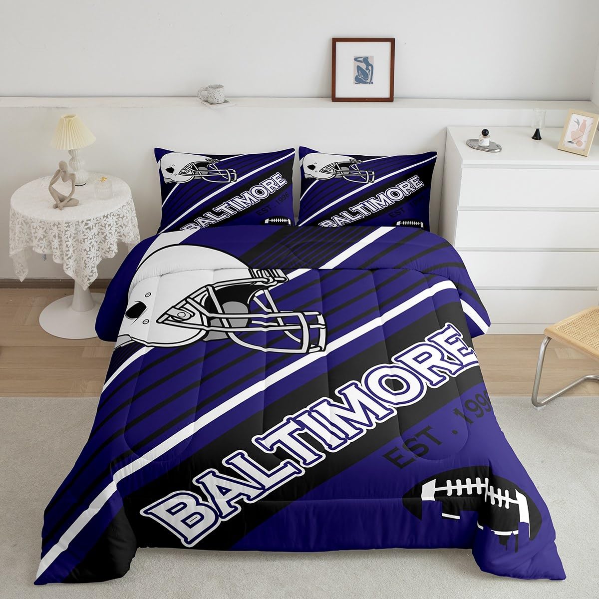 American Football Lovers Comforter Set International Ball Teams Bedding Gifts for Men, Blue and Black Football Helmet Queen Bed Comforter Set for Boys Teens Geometry Striped Quilt (Baltimore)