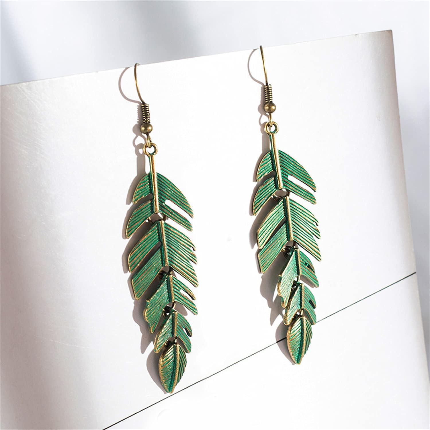ANDPAI Handmade Boho Floating Feathers Dangle Drop Earrings Lightweight Vintage Green Bronze Statement Leaves Earrings with Detailed Texture Earring for Women - Image 8