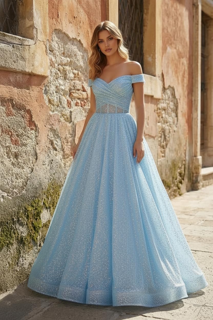 Glitter Tulle Prom Dresses Sparkly A Line Off Shoulder V Neck Pleated Evening Party Gown