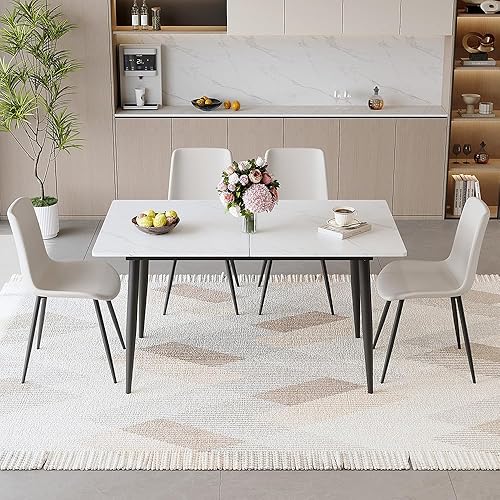 Miniatura 13 de FURNITO Juego de Mesa de Comedor de 7 Piezas, Mesa de Comedor Extensible de 59"-75" con 6 Sillas Tapizadas, Juego Blanco de Mesa y Sillas de Cocina