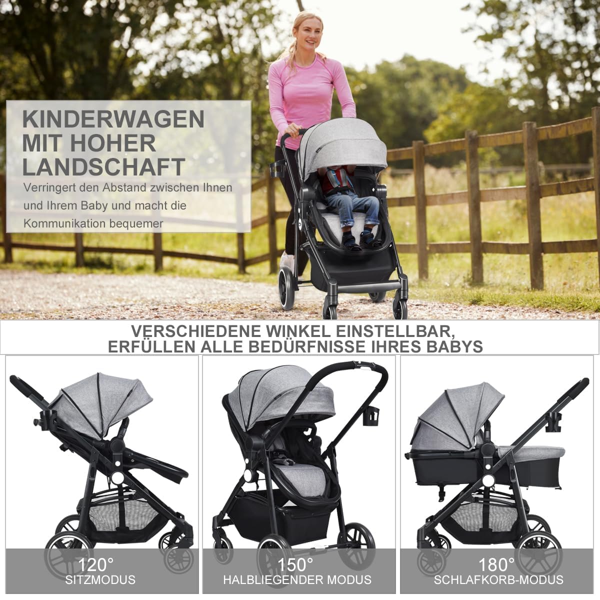 COSTWAY 2 in 1 Kinderwagen mit umkehrbarem Sitz faltbar, Kombikinderwagen mit Liegefunktion, verstellbarer Rückenlehne & Sonnenschutz, Reisebuggy tragbar, Reisesystem für Baby bis 3 Jahren (Grau)