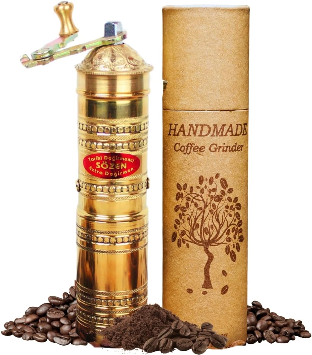 Sozen Hammered 7" Manual Coffee Grinder Brass – Hand Crank Burr Mill for Turkish Coffee, French Press, Espresso, Camping & Home Use – Portable Coffee Bean Grinder, Adjustable Conical Grinder