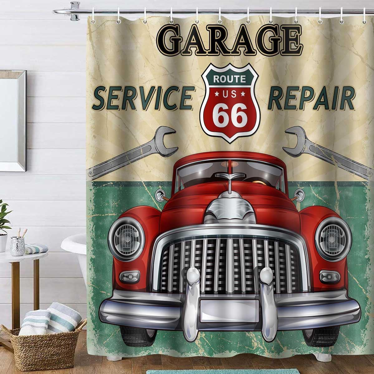 Cars Shower Curtain, 72x72 inch Polyester, Vintage Car Stall Route 66 Bathroom Shower Curtains, Retro Garage Repair Shop Bathroom Bathtubs Decor Set with 12 Hooks YLOKTP0236