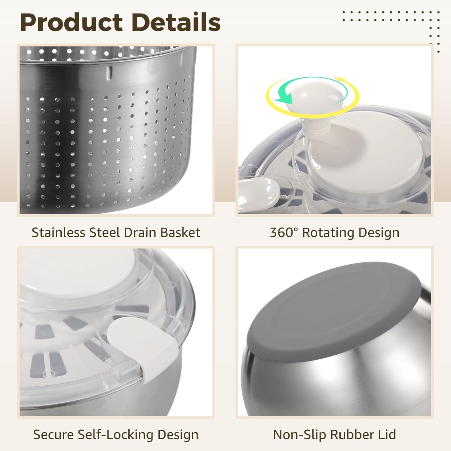 Large Stainless Steel Salad Spinner, Lettuce Spinner Vegetable Strainer Set, Fruit Straining Spinner with Self-Locking Lid