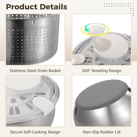 Large Stainless Steel Salad Spinner, Lettuce Spinner Vegetable Strainer Set