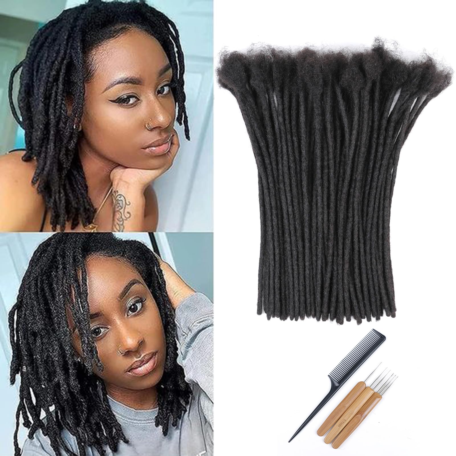 Huarisi 0.6cm Thickness 12 Inch 60 Strands Real Human Hair Dreadlock Extensions for Man/Women Full Head Handmade Permanent Loc Extensions Can Be Dyed Bleached Curled and Twisted in Natural Black Color - Image 2