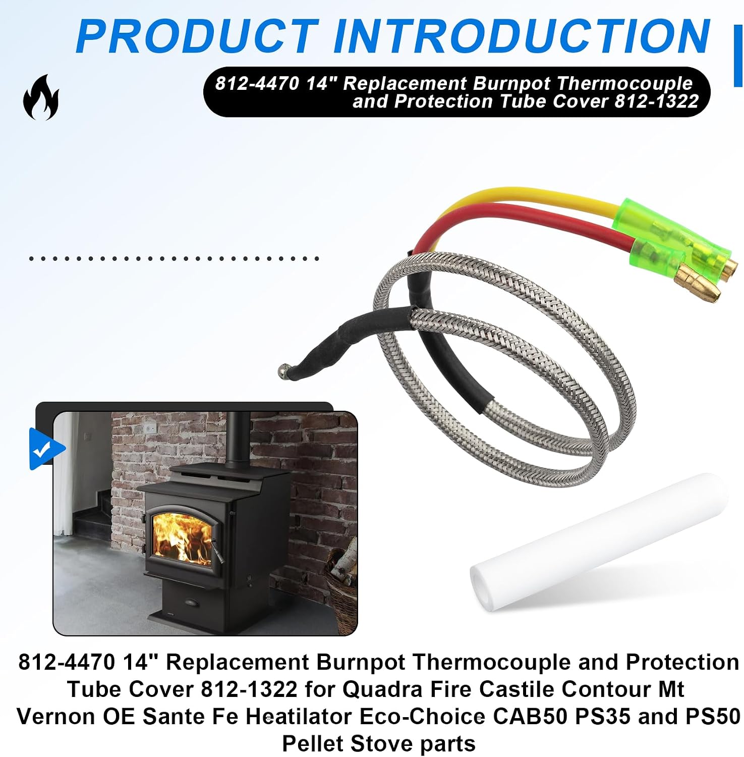 for QuadraFire 812-4470 14" Thermocouple for Quadra Fire Castile | With Protection Tube Cover 812-1322,Overheat Protection, Restores Auto-Feed Mode,Fixes Start-Up Failure