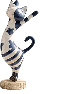 FUNTEREST Yoga Cat Statue, 7.5 Inch Blue & White Resin Stretching Cat Figurine with Boho Stripes & Star Pattern, Modern Cat Sculpture for Bookshelf Office Desk, Gift for Cat Lovers & Yoga Enthusiasts