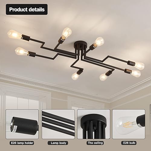 Miniatura 3 de ZGLAOJT Lámpara de techo negra de 8 luces, moderna lámpara de techo semiempotrada, lámpara de metal para granja, comedor, sala de estar, dormitorio,