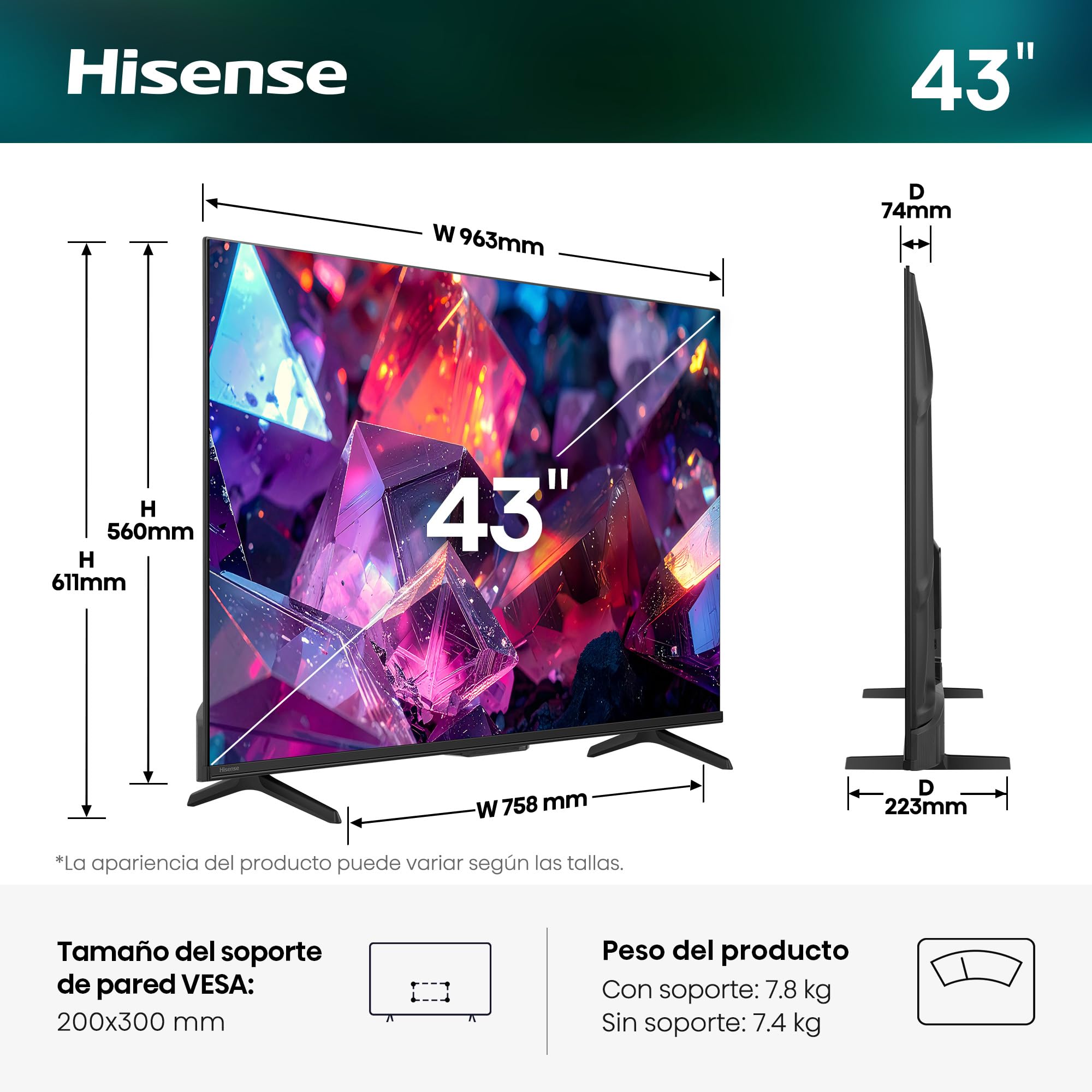 Hisense 43E7Q Pro - QLED Smart TV 43 Pulgadas, Modo Juego 144 Hz Nativos, Hi-QLED Color, Dolby Vison.Atmos, Imágenes IA, Smooth Motion IA, AMD FreeSync Premium Pro, HDR10+Gaming
