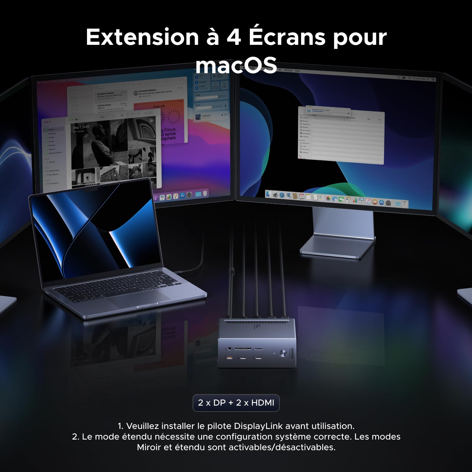 UGREEN DisplayLink Docking Station USB C Quadruple Affichage pour Mac | 15 en 1, 2 DP, 2 HDMI, Unique 8K, Quatre Écrans 4K, 10Gbps, 3A2C, RJ45 2.5GbE, PD 100W Charge, SD TF, Audio 3.5mm, CC 150W