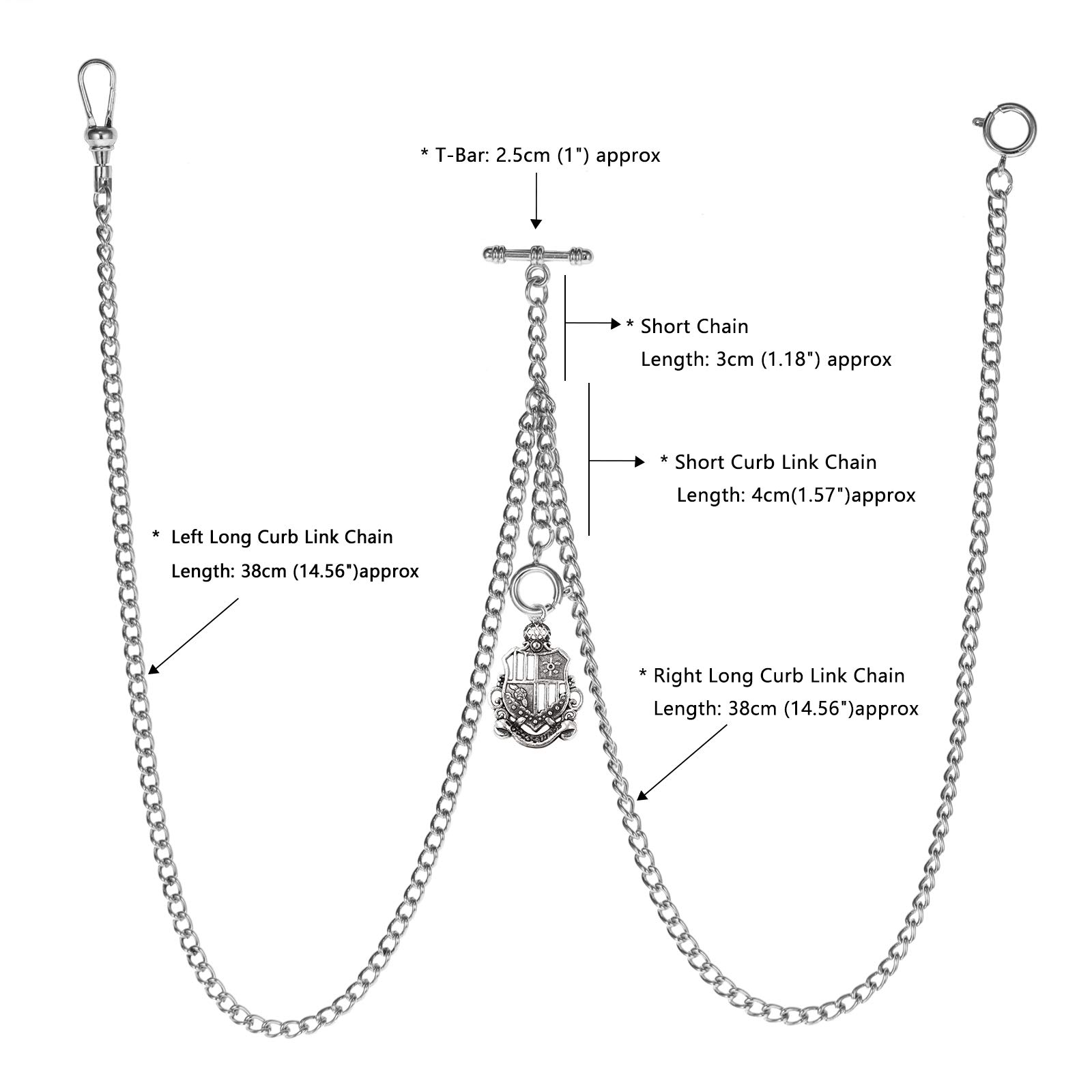 TREEWETO Taschenuhrkette mit T Bar Endstück Gesamtlänge 72cm Doppel Albert T-Bar Taschenuhr Kette mit Antiker Schild-Anhänger und 3 Haken für Weste Knopfloch