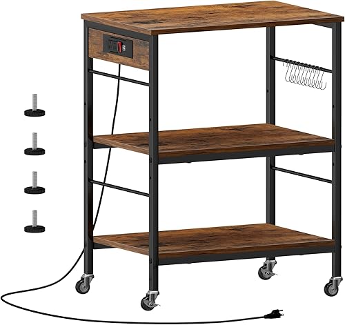 ETELI Estante para panaderos con toma de corriente, carrito de microondas con estación de café de almacenamiento, carrito de mesa con ruedas para