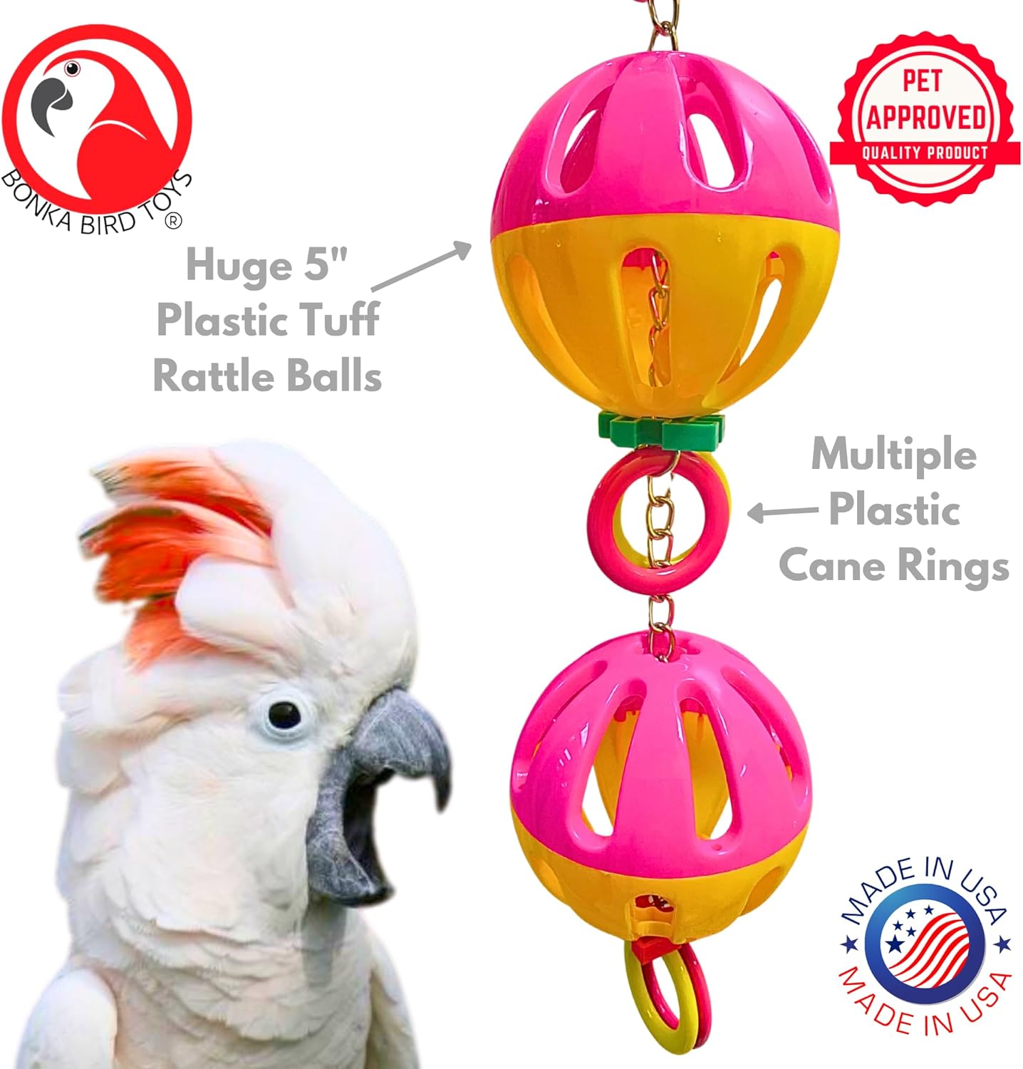 Bonka Bird Toys 1006 Huge Tuff Balls 25.5" Hanging Chew and Forage Toy with Rattling Plastic Balls for Large and Extra-Large Parrots Macaws Cockatoos African Greys