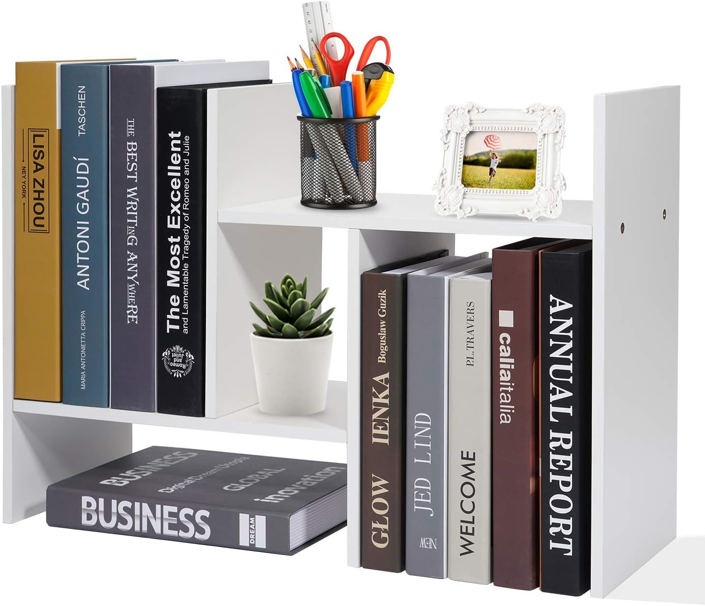 UniShop Free Standing Adjustable Desktop Organizer Display Bookshelf for Office, Home Storage- Free Style Double H Display (White)-picture-26