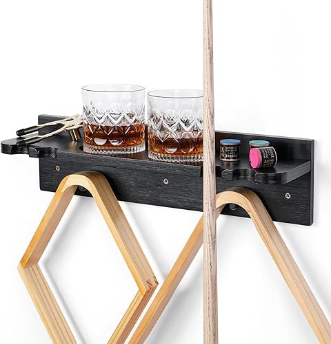 XCSOURCE Soporte de pared para taco de piscina de bambú, soporte para 4 tacos con estante para bolas y soporte para bebidas, negro, 15.7 x 4.3 x 4.3