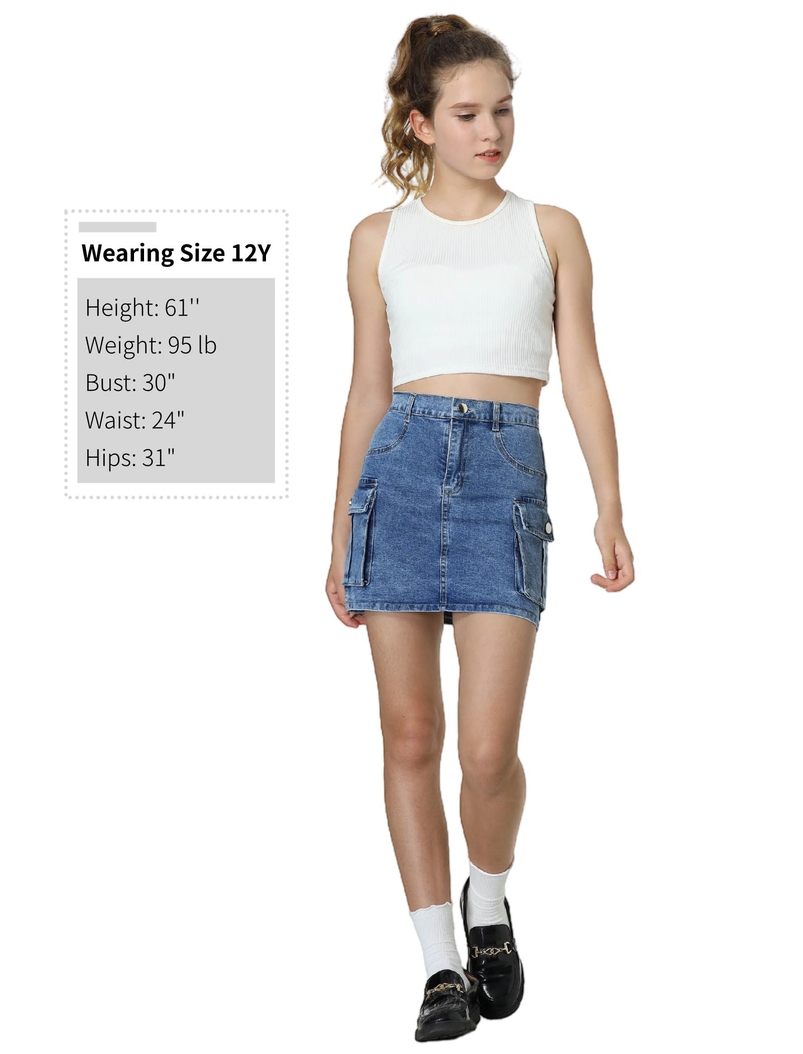 EXARUS Gonna cargo da ragazza, in cotone elastico, a vita alta, linea ad A, minigonna corta con tasche, per la scuola, casual, 8-14 anni