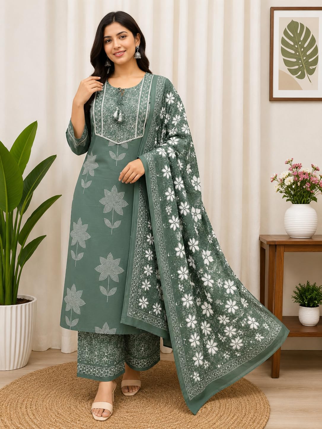 Women's Cotton Printed Kurta Pant Dupatta Set with Cut Dana Handwork on Yoke & Pant Pocket | Floral Print Ethnic 3 Piece Suit Set for Women-picture-31