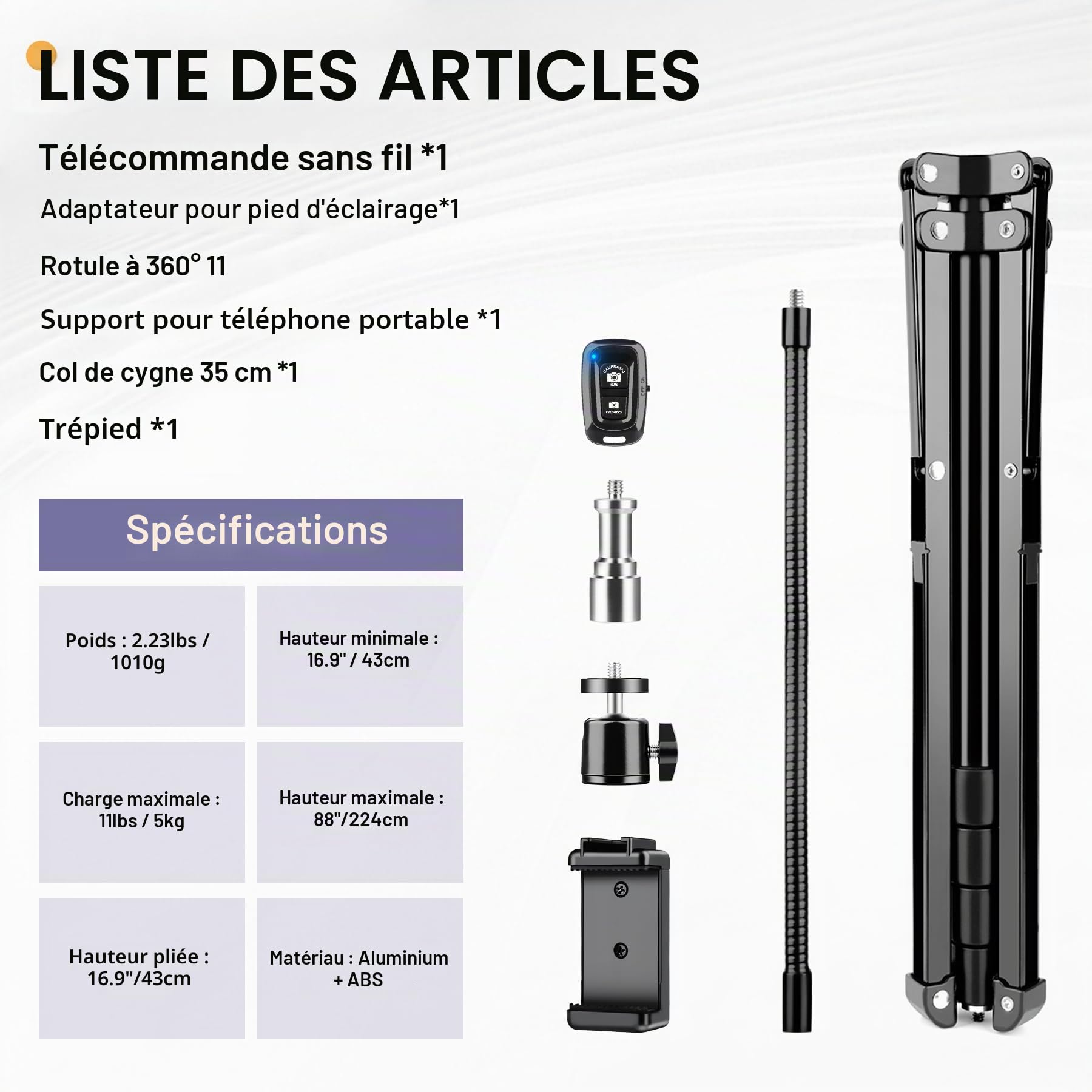 Victiv 224cm Haute Trepied Smartphone, Trépied Téléphone en Aluminium avec Col de Cygne Réglable, Télécommande, Support Telephone, Extensible Trépieds Appareil Photo avec Rotule à 360° pour DSLR Canon