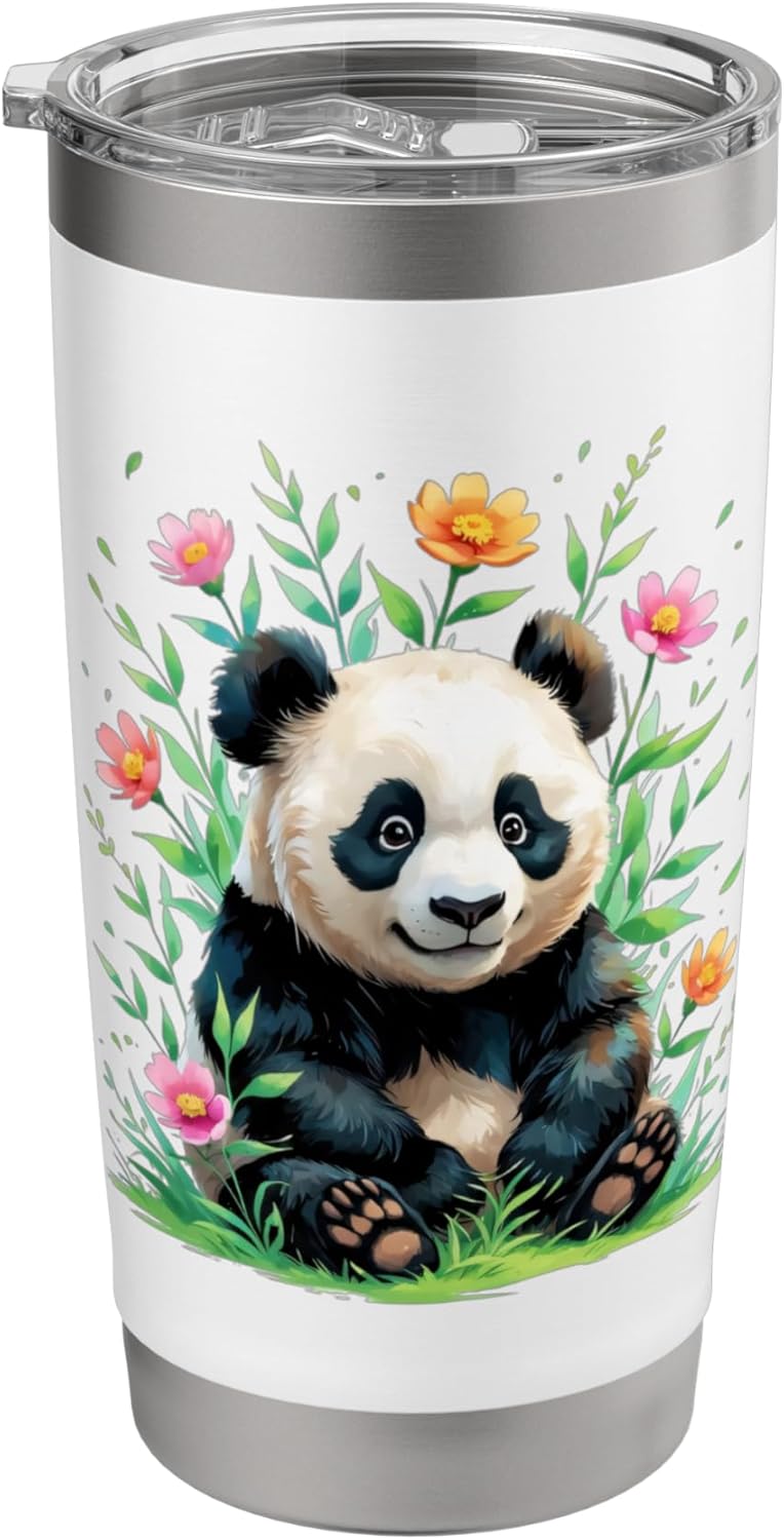 Cute Panda with Colorful Floral Surroundings Stainless Steel Insulated Tumbler