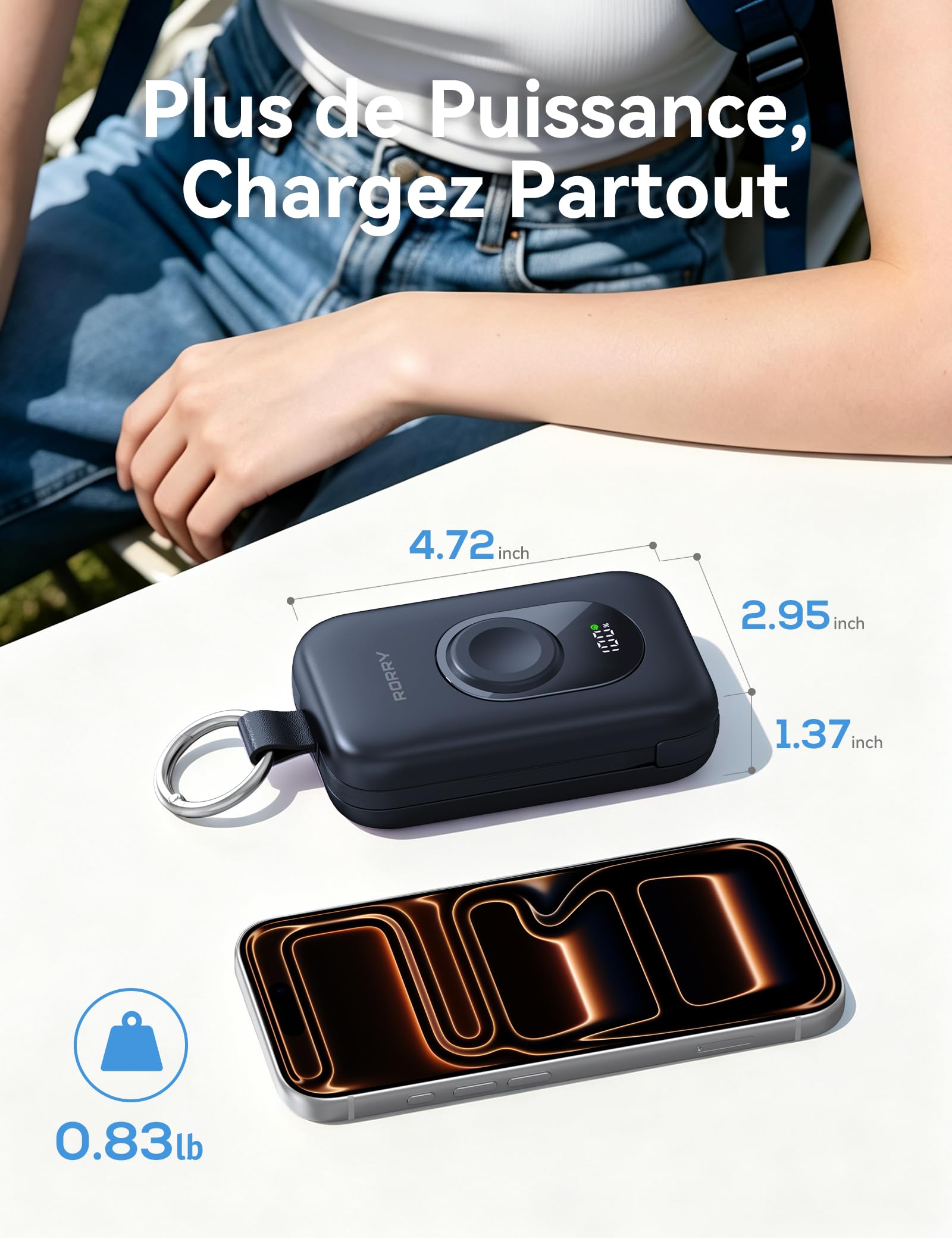 RORRY CharmGo Batterie Externe 20000mAh 30W Power Bank avec Câbles Intégrés