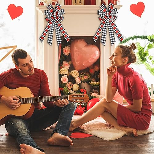 Miniatura 7 de Arcos grandes para corona del día de San Valentín, lazos de búfalo blanco y negro para puerta delantera, lazos de decoración de corazón con