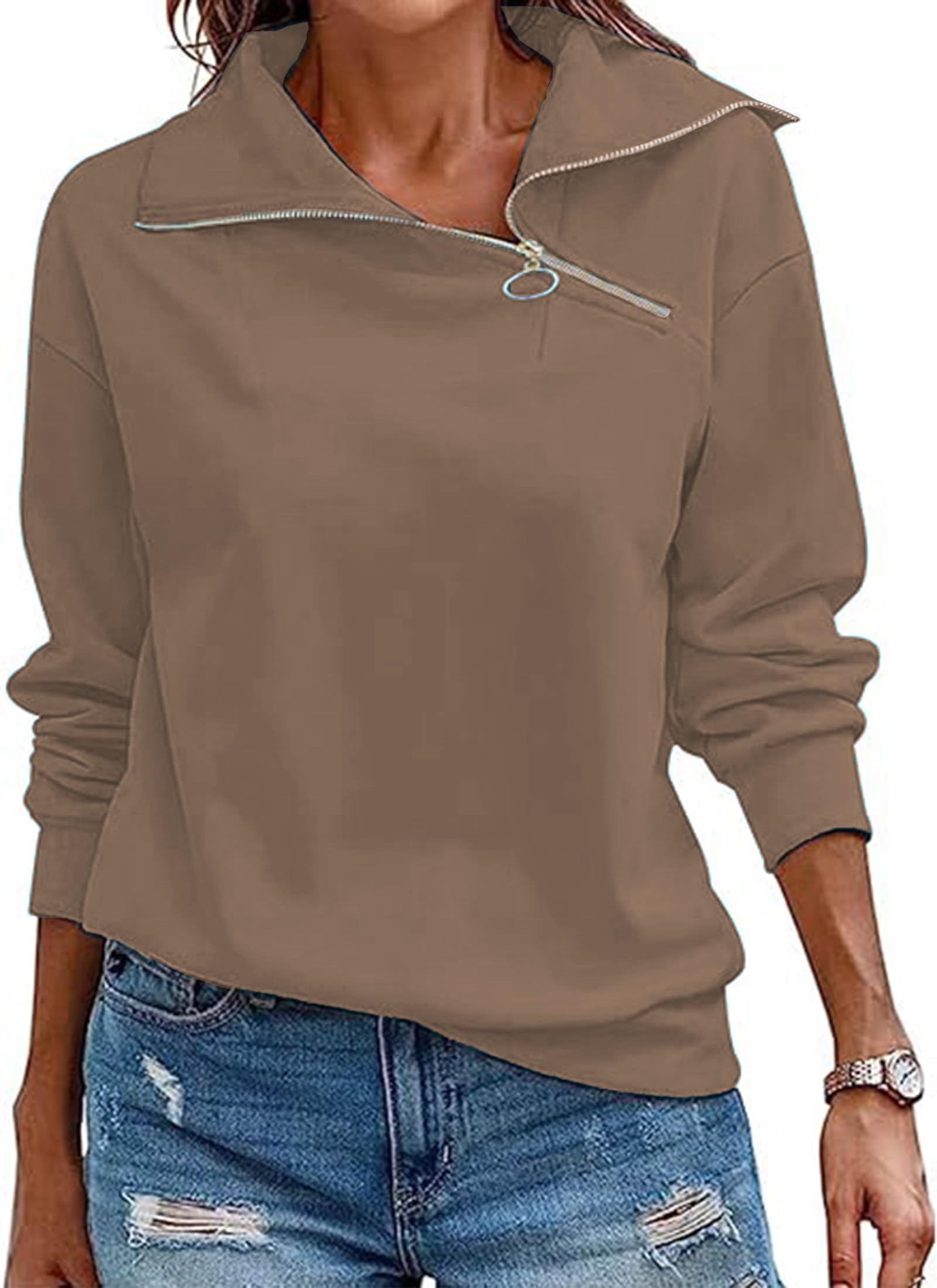 Cuptacc Felpa Donna Mezza Zip Scollo a V Maglia Donna Manica Lunga Casual Tinta Unita Autunno Camicia Donna Elegante