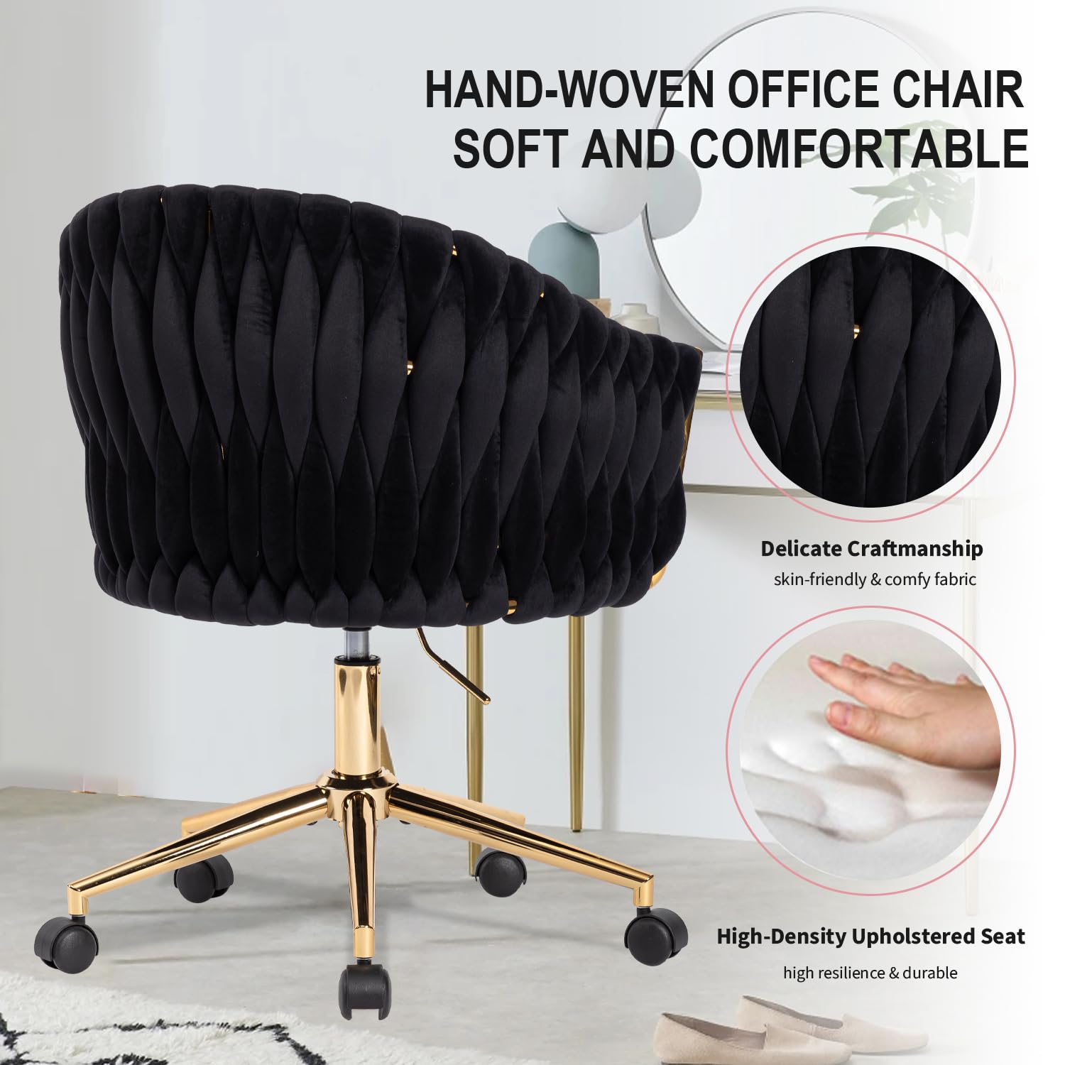 Comermax Velvet Office Chair with Hand Woven, Vanity Chairs with Golden Wheels, 360° Swivel Home Office Desk Chair Computer Chairs, Accent Chair Makeup Chair for Bedroom, Living Room(Black): Black