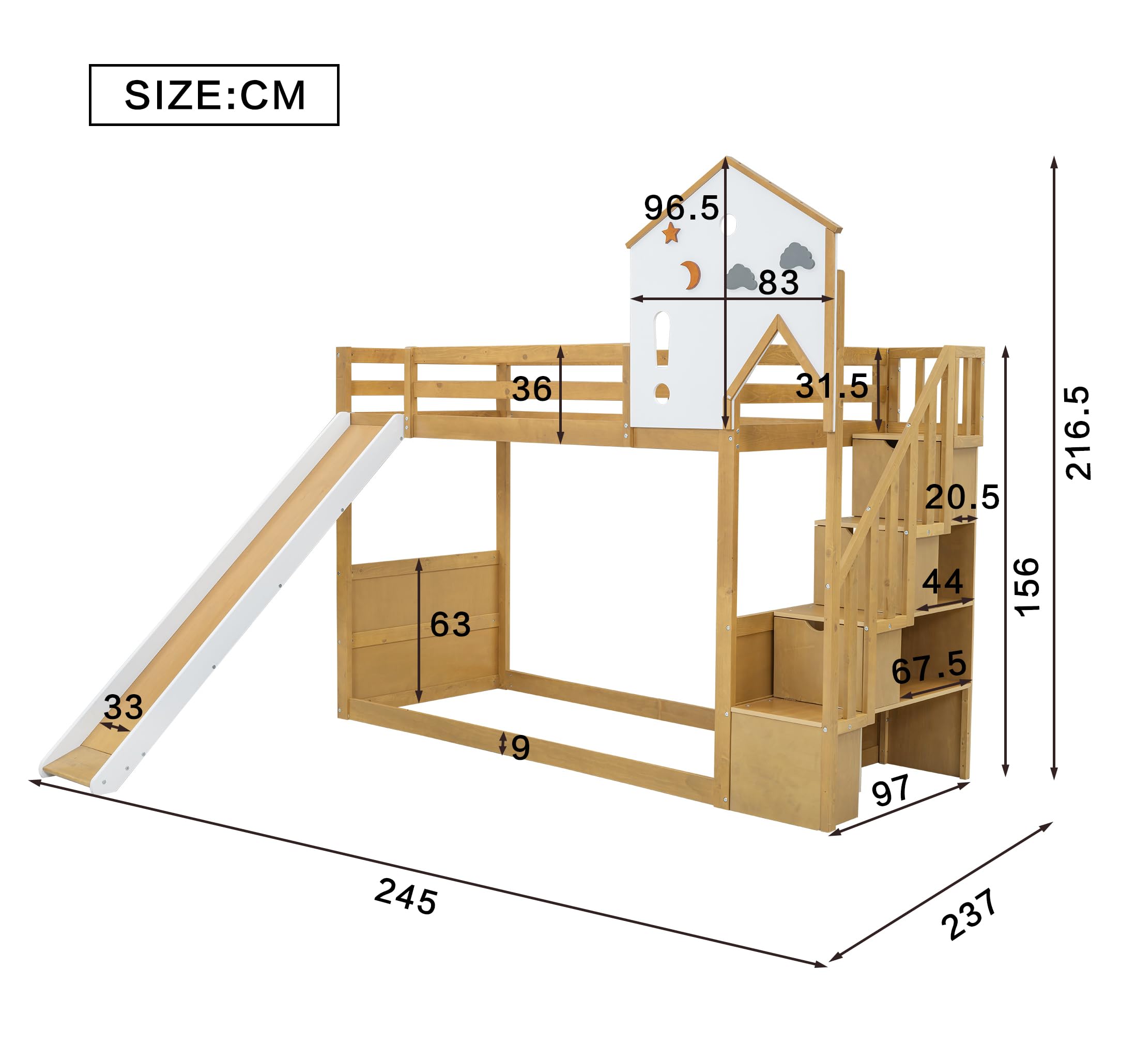 Letto a castello, letto per bambini, letto con scala angolare, culla con tetto e finestra, culla con 3 armadietti nelle scale, letto a castello con scivolo, pino MDF, bianco naturale, 90 x 200 cm