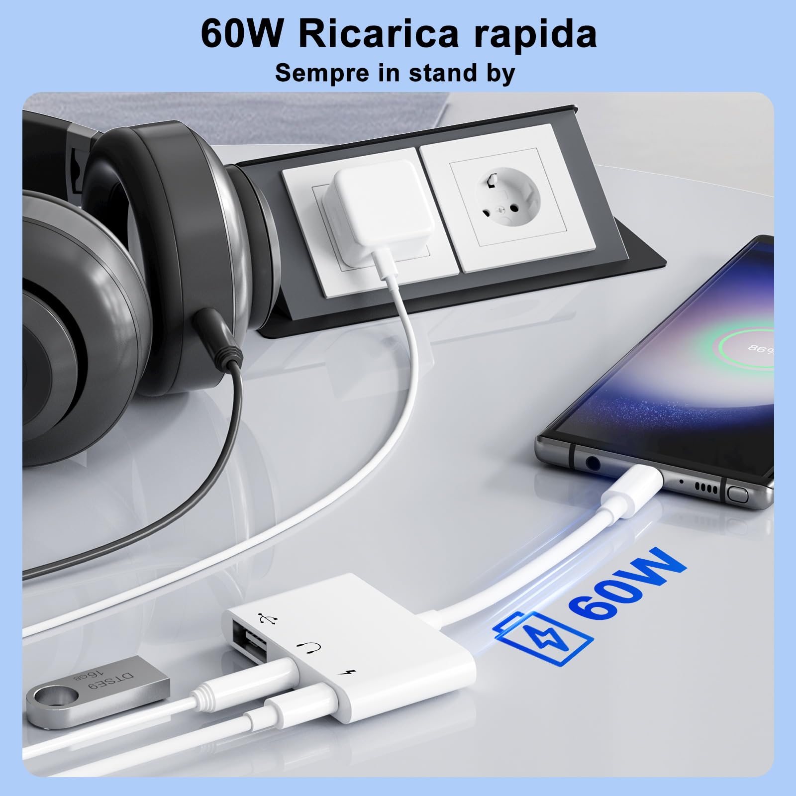 Adattatore USB C Jack 3.5 mm 60W OTG Splitter Audio Tipo C a Aux per iPhone 17/16/15 Samsung Galaxy S25 Ultra A56 S24 S23 iPad Pro Air Pixel