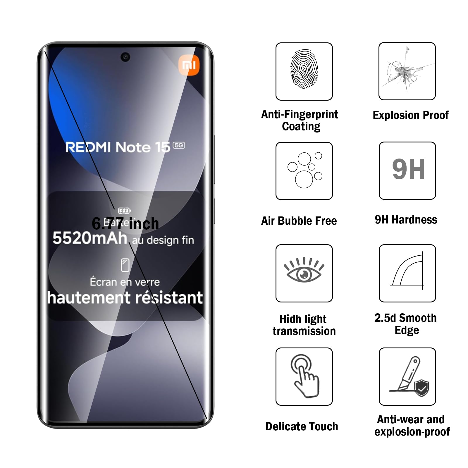 3D Verre Trempé pour Xiaomi Redmi Note 15 5G, 2+2 Pièces Protection d'écran avec Caméra Arrière Protecteur Sans Bulles Anti-Rayures HD Transparent Facile à Installer